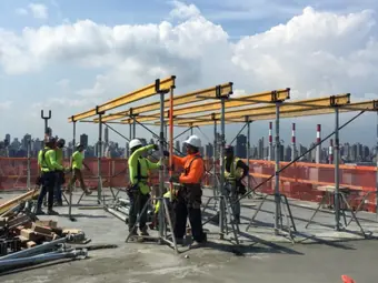 Rooftop shoring crew, Long Island City, NY. Executive Building Systems project.